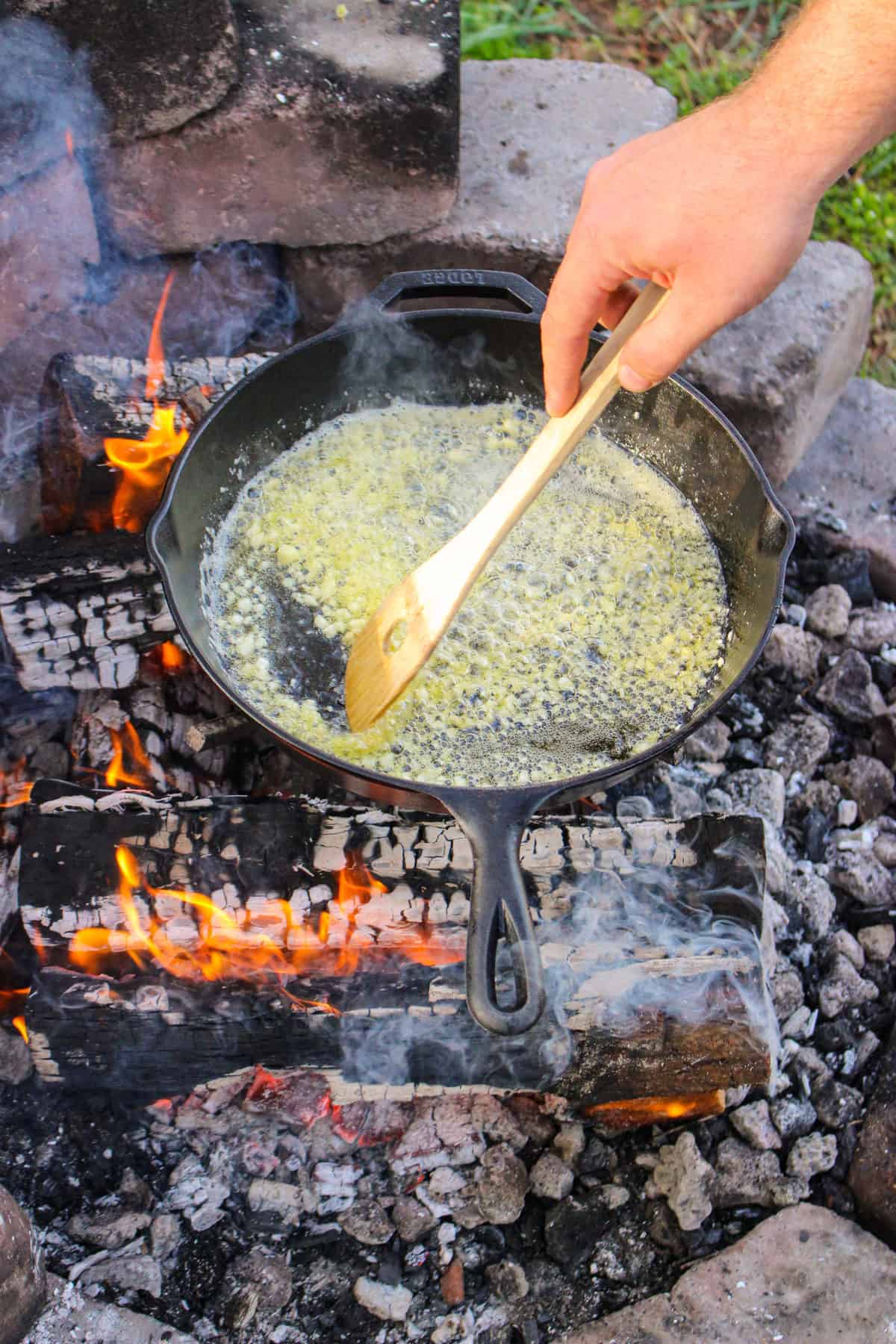 Butter and garlic simmering in the skillet.