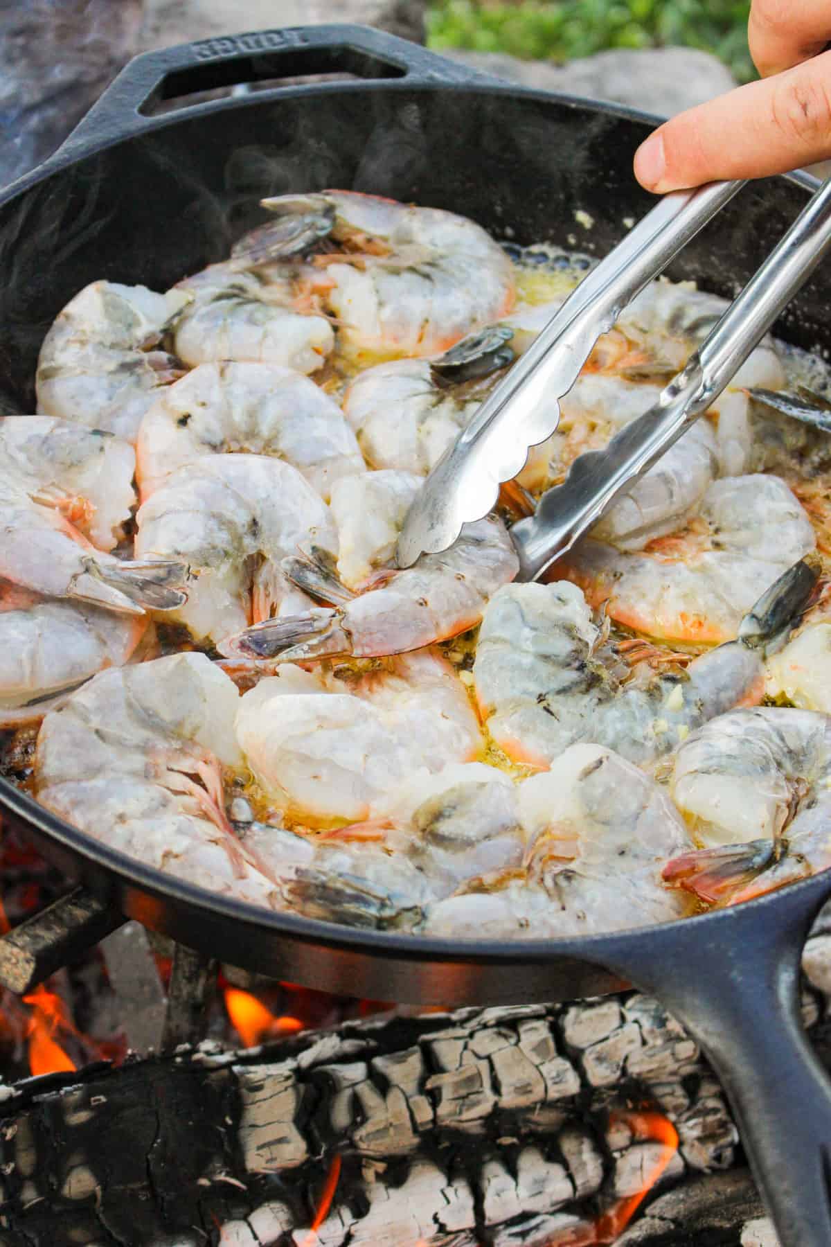 Charred Garlic Butter Shrimp - Over The Fire Cooking