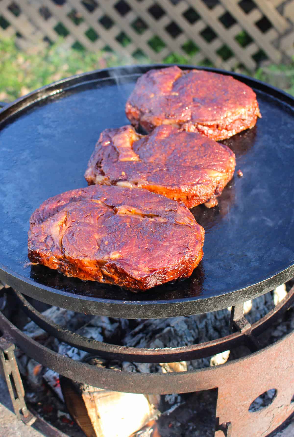 Searing the Ribeyes over the fire.