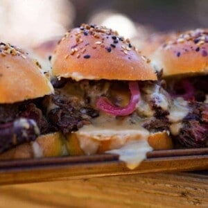 Close up shot of Guinness Pulled Beef Sliders