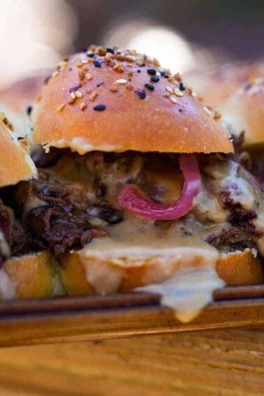 Close up shot of Guinness Pulled Beef Sliders