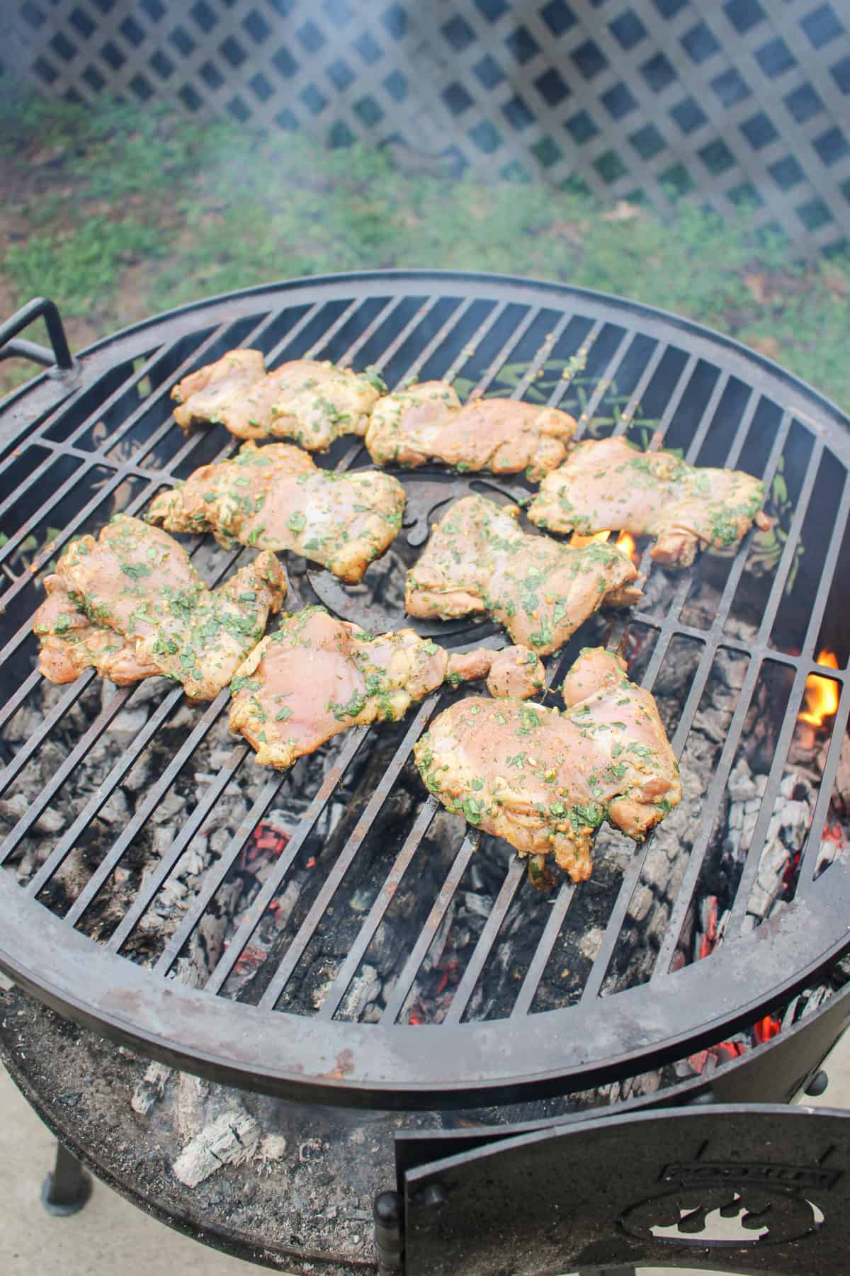 Chicken thighs hitting the grill.