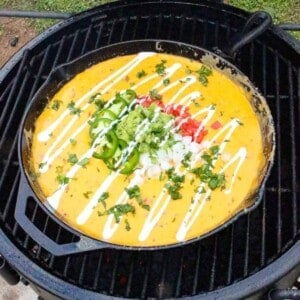 Smoked Chorizo Queso finished and sitting on the smoker.