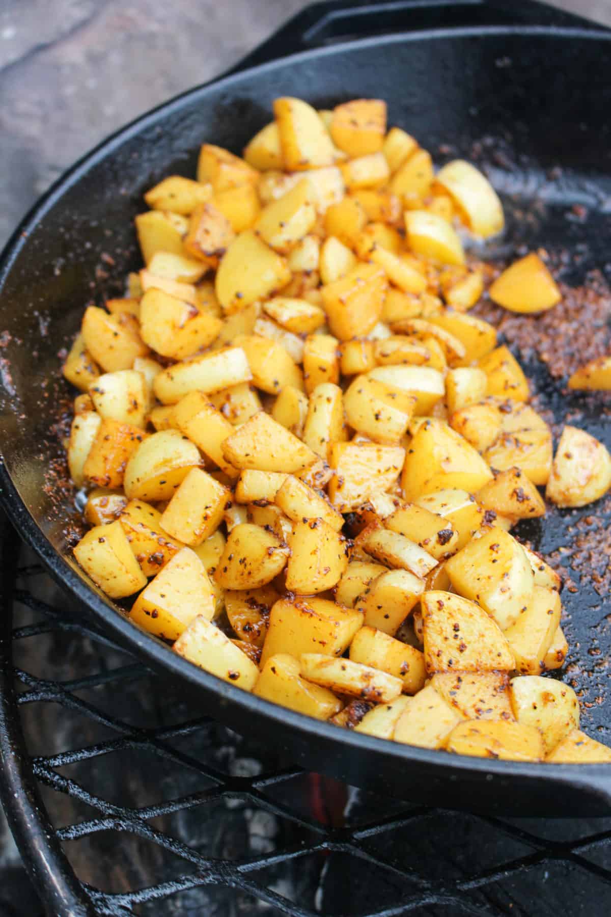 diced, cooked potatoes in a skillet