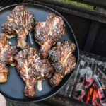 plate of grilled butterflied chicken drumsticks with Alabama white sauce held over the grill