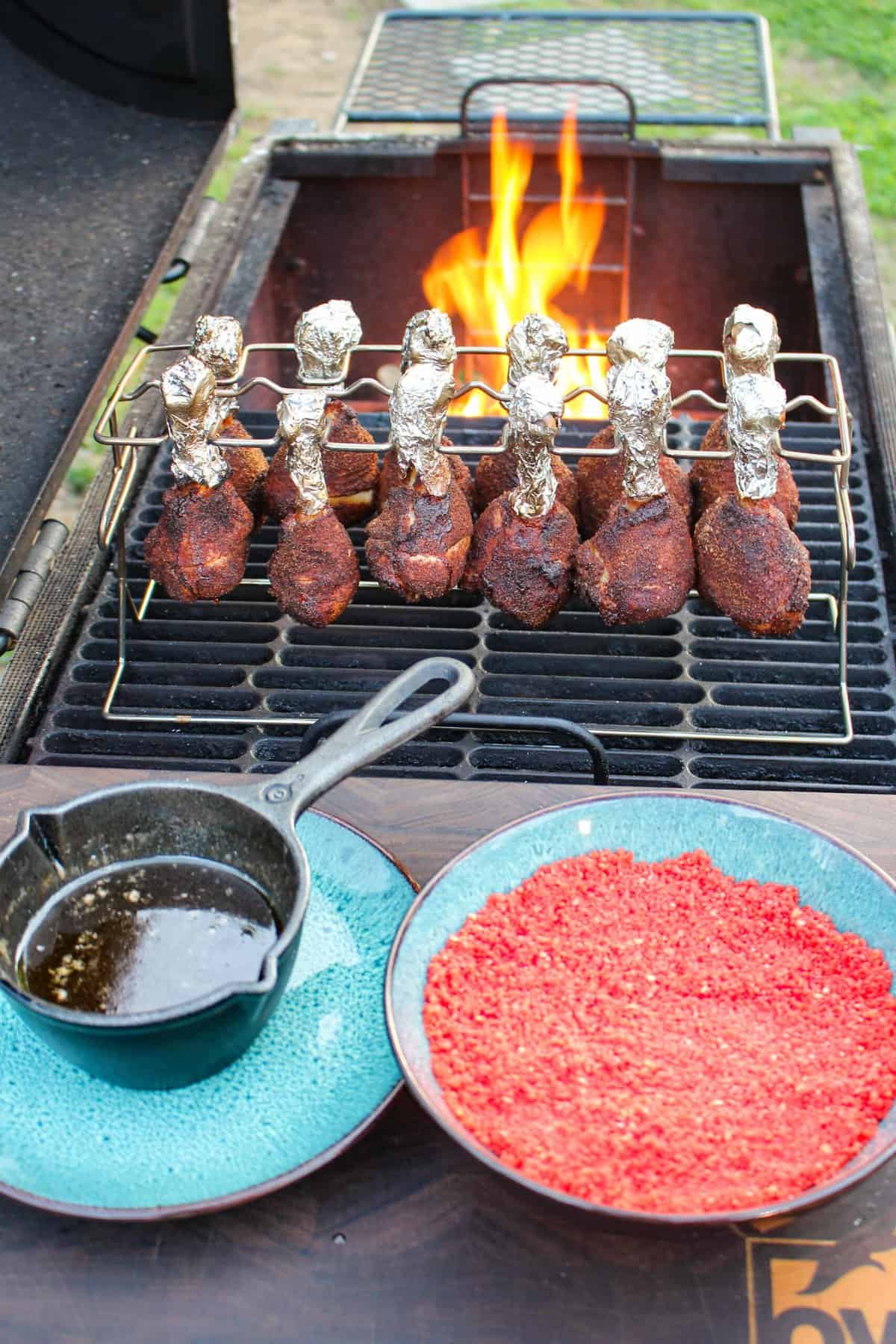 Flamin’ Hot Chicken Lollipops ready to be glazed.