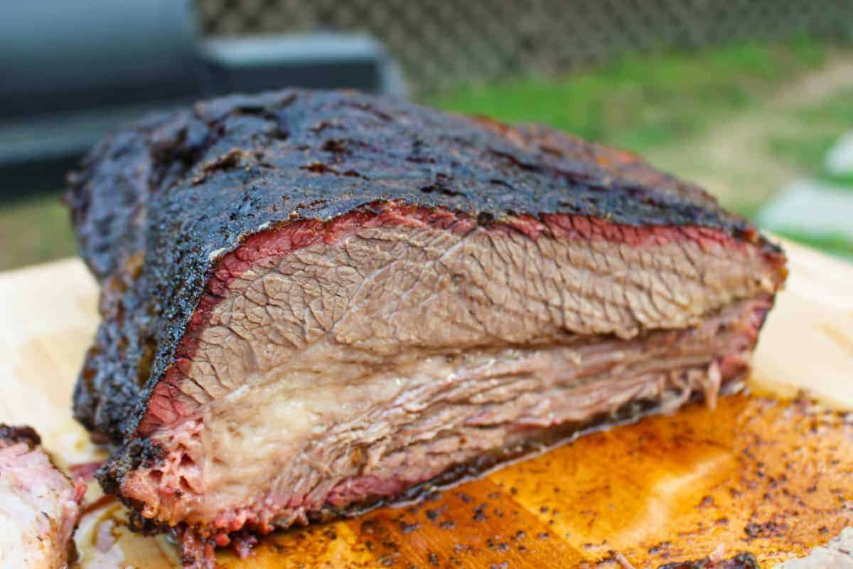 A close up shot of the sliced Texas Smoked Brisket.