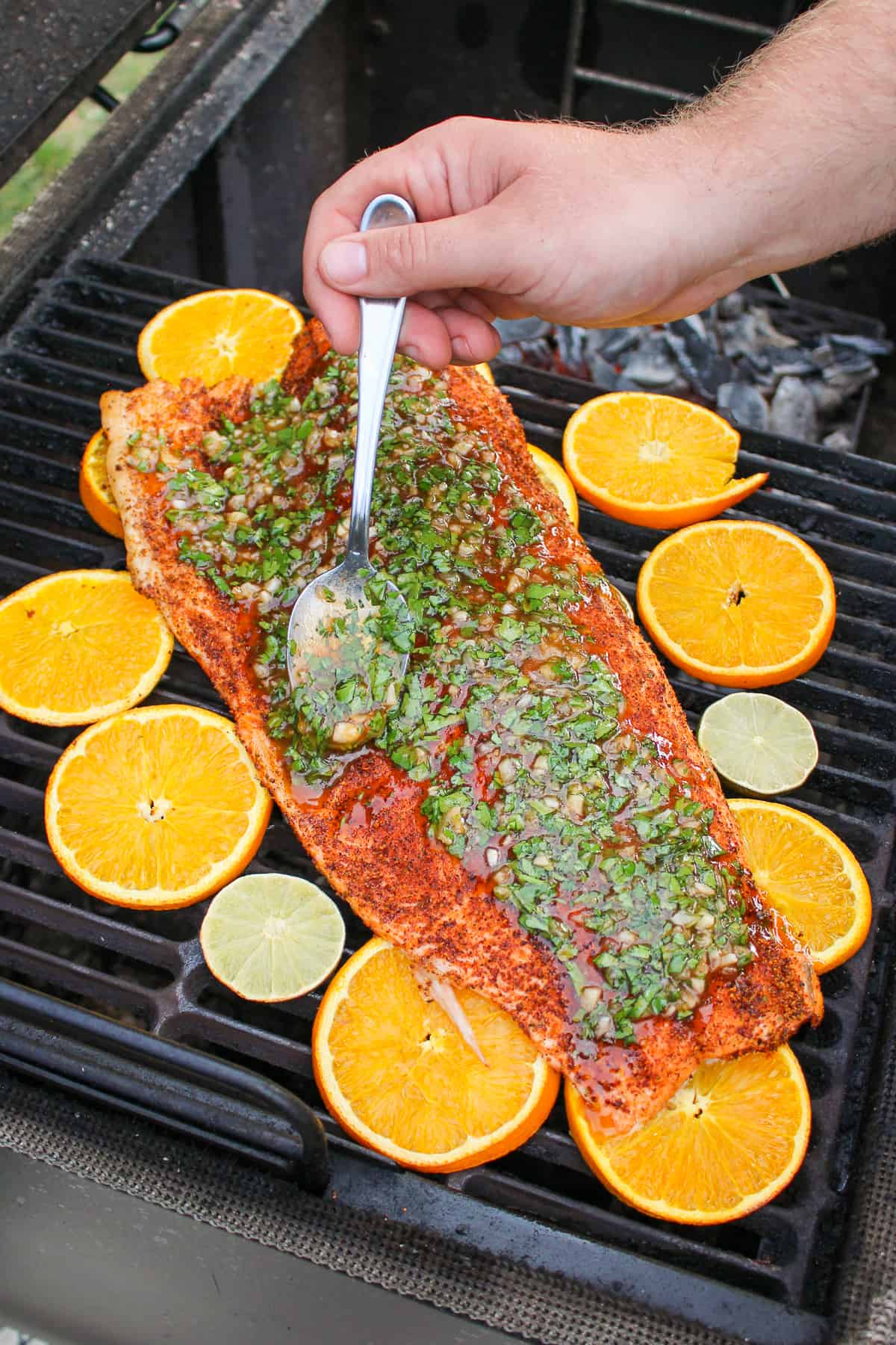planked salmon w/chili lime sauce on the grill