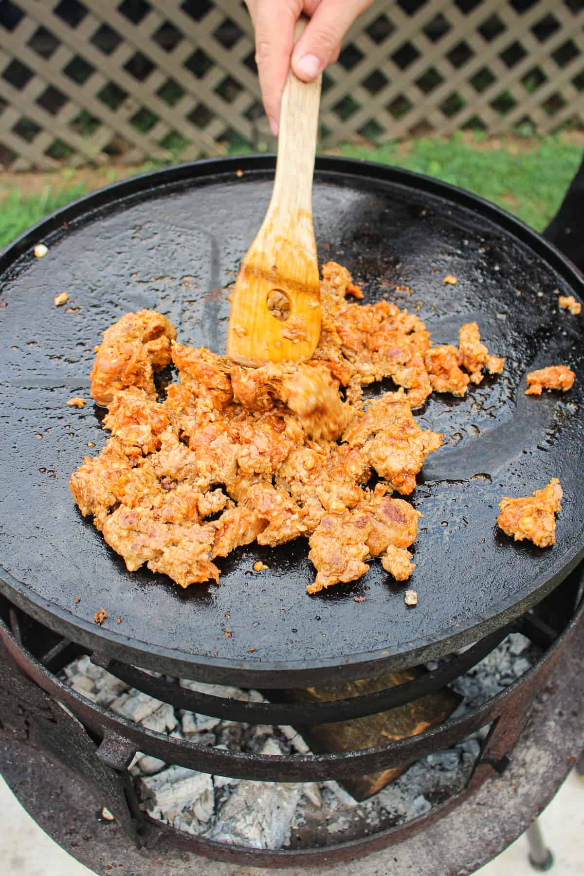 Chorizo cooking on the plancha. 