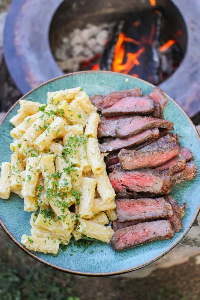 Steak and Cheesy Pasta - Over The Fire Cooking