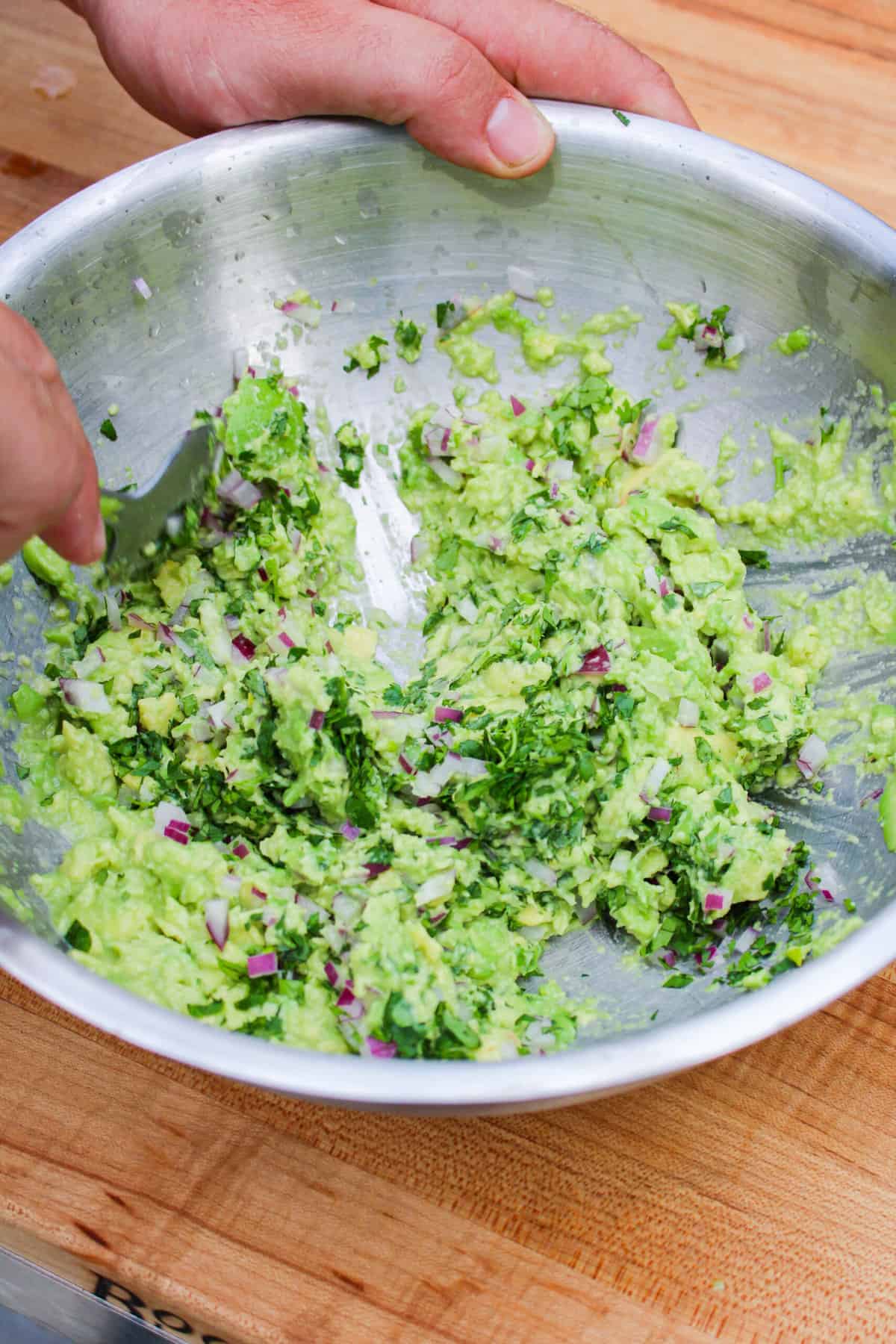 overhead of a bowl of homemade guacamole