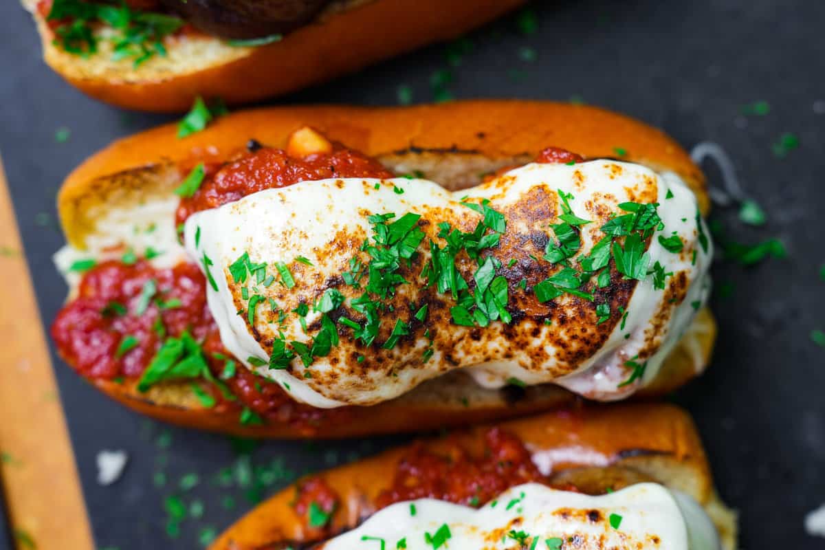 An overhead shot of the Spicy Meatball Sub.