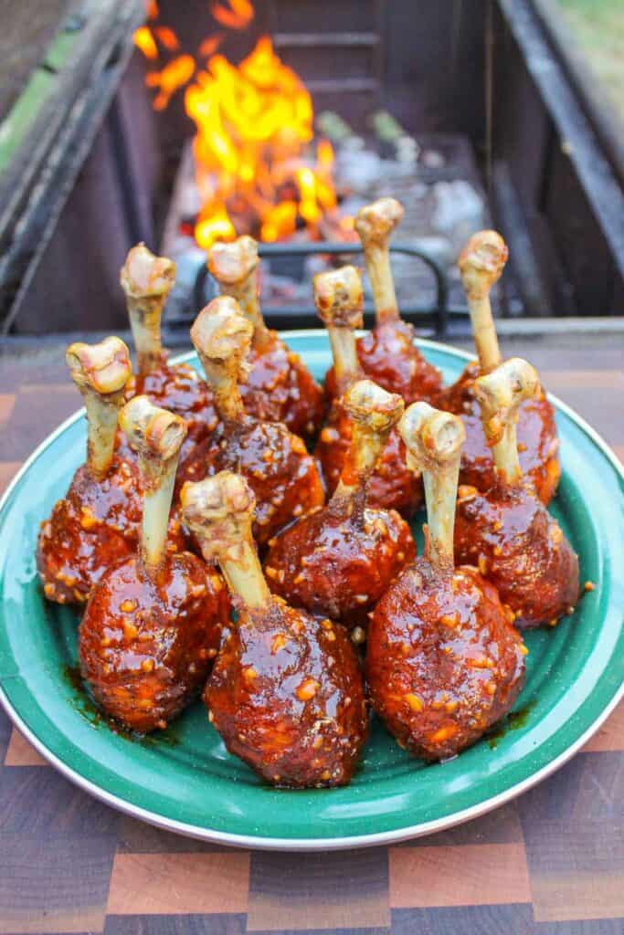 Smoked Chicken Lollipops finished and sitting on a serving plate.