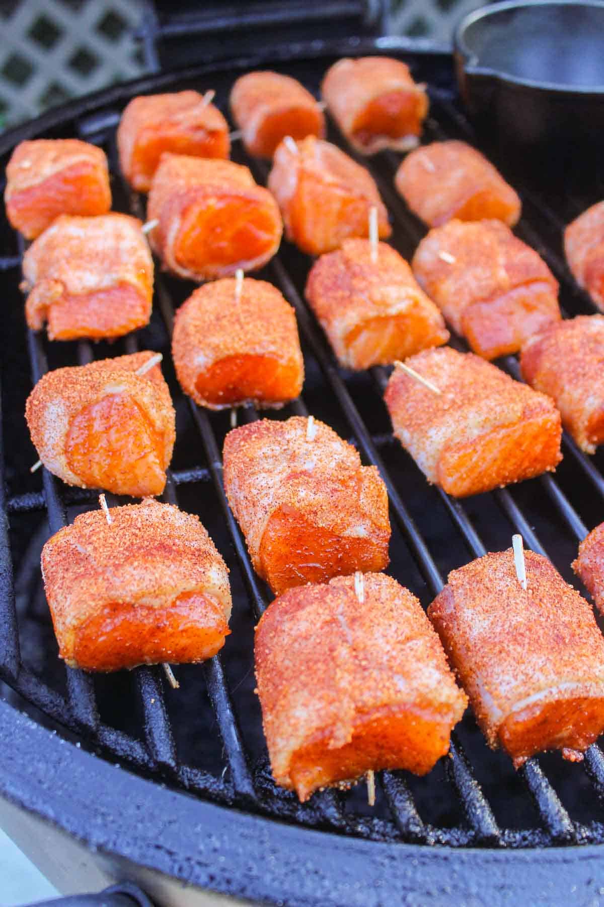 Bacon Wrapped Salmon Bites on the smoker
