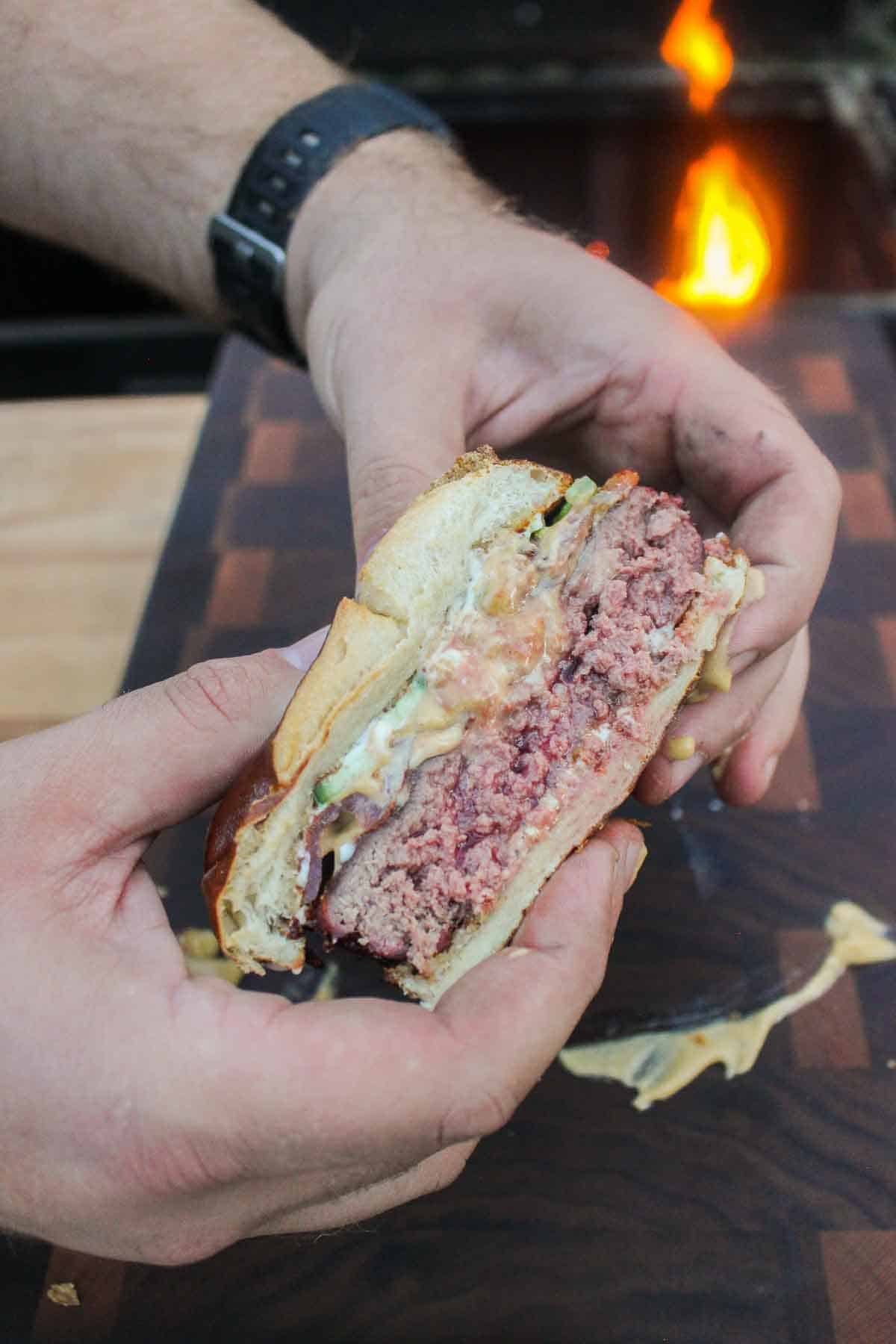 Sliced and juicy burger