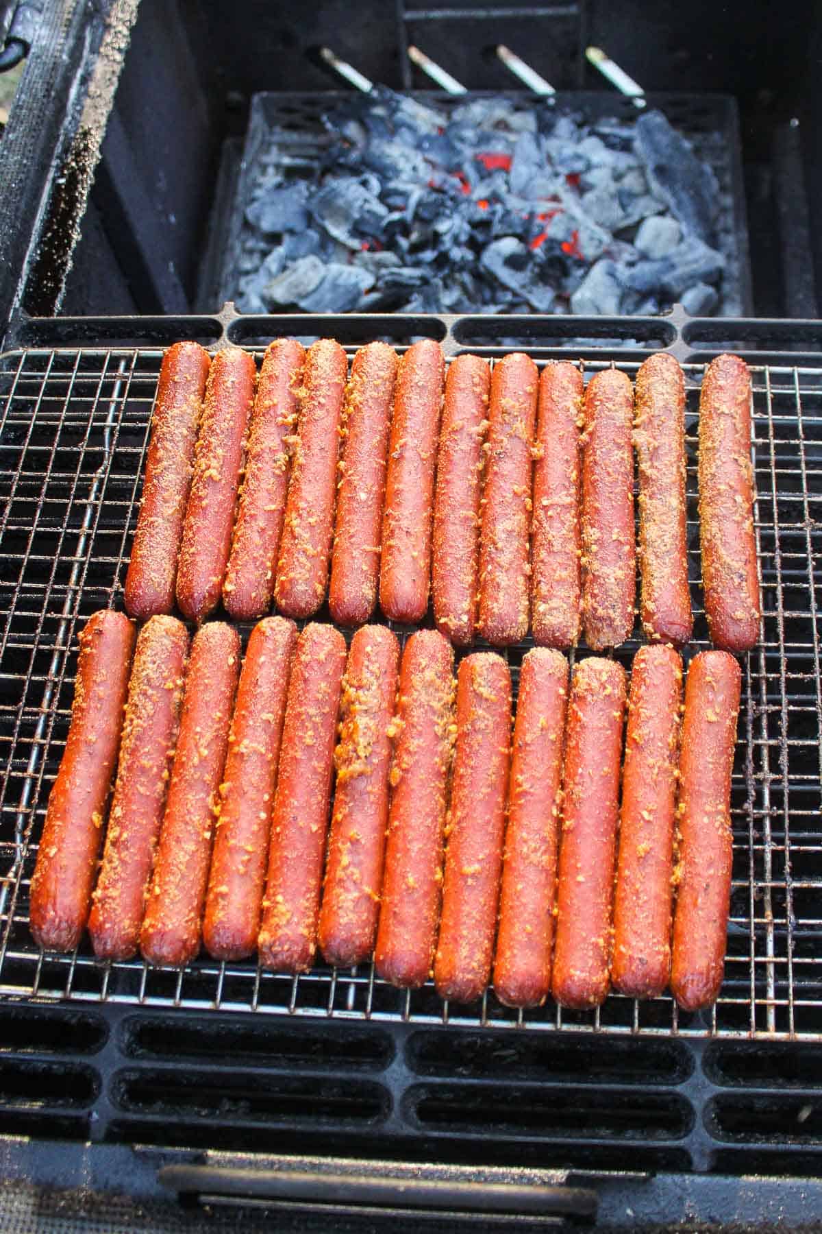 The smoked hot dogs ready to be turned into burnt ends. 