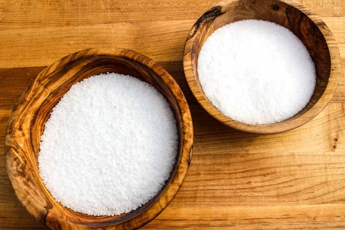 Kosher salt and sea salt in two separate bowls