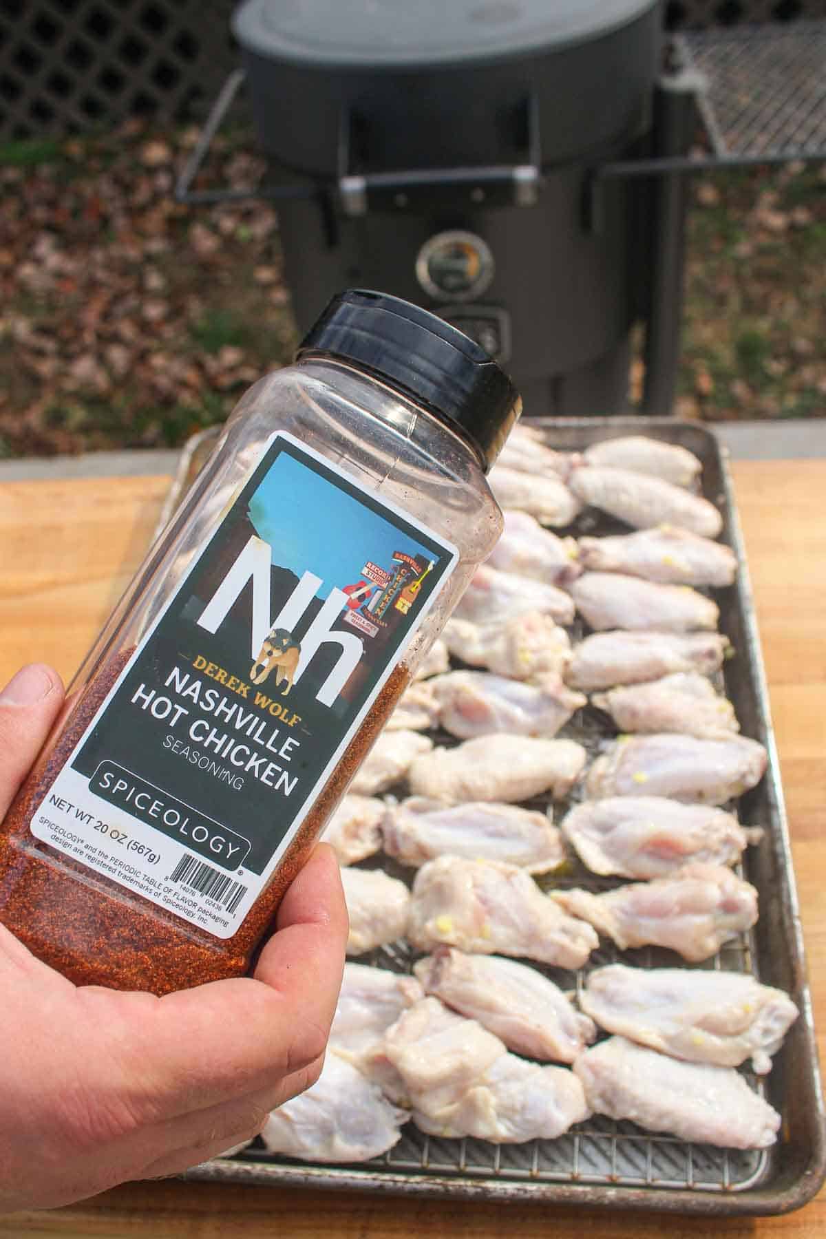 Nashville Hot Seasoning about to cover the chicken wings.