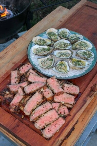 The Grilled Steak and Oysters plated and ready to serve.