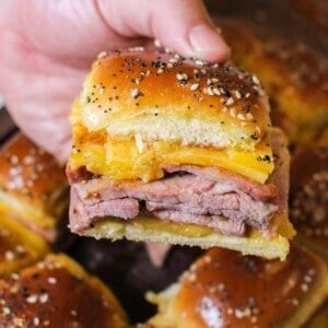 A Roast Beef and Cheddar Slider close up.