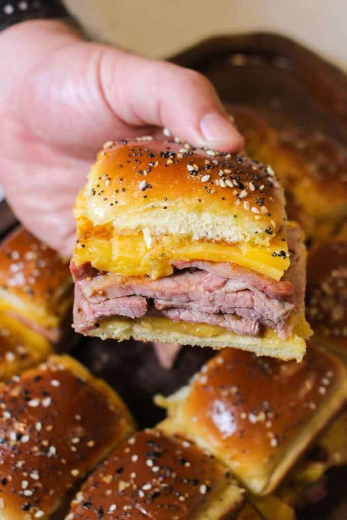 A Roast Beef and Cheddar Slider close up.