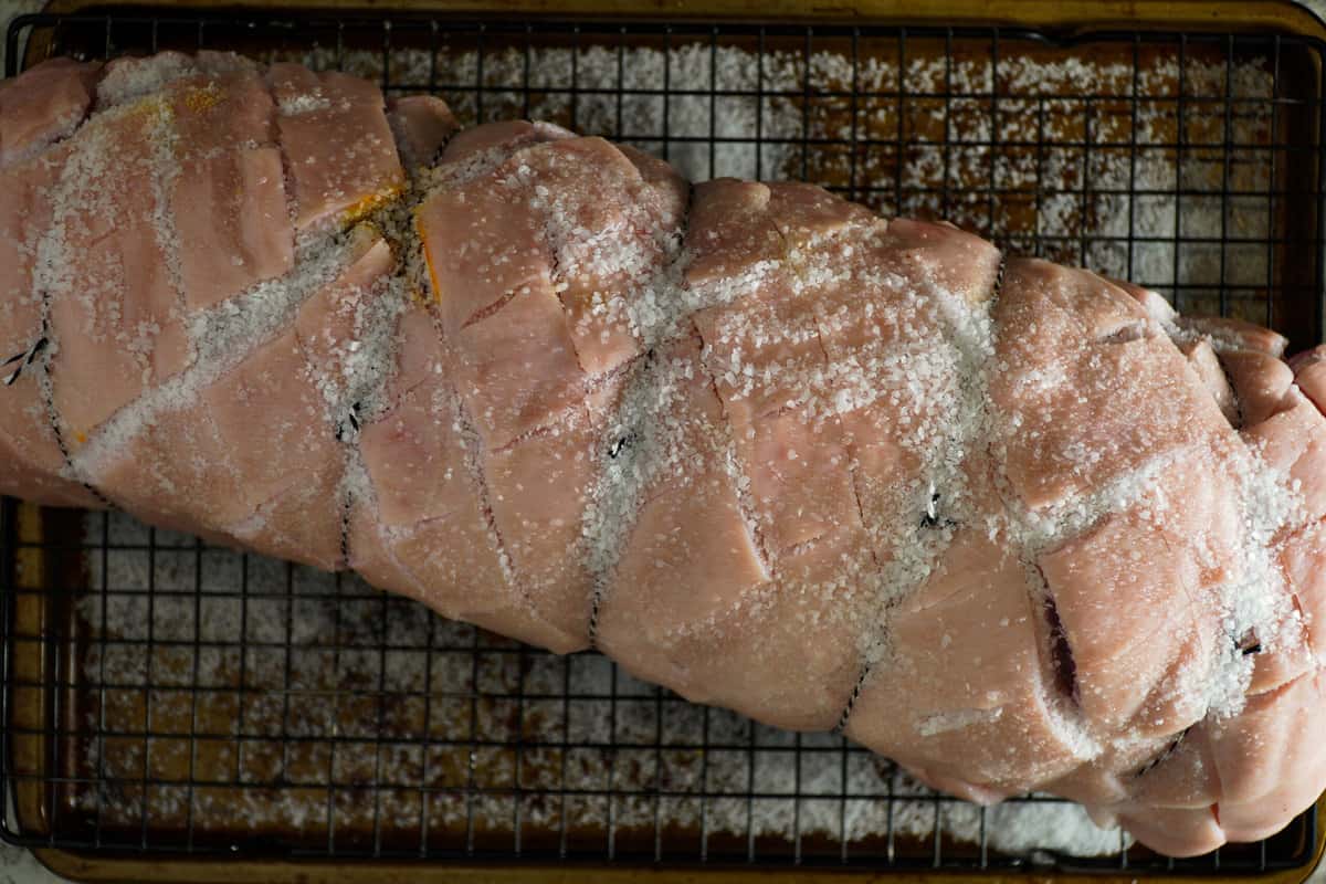 Chorizo Stuffed Porchetta dry brining.