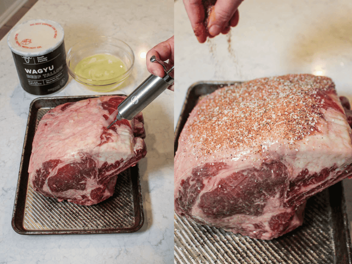 Injecting the prime rib with beef tallow. 