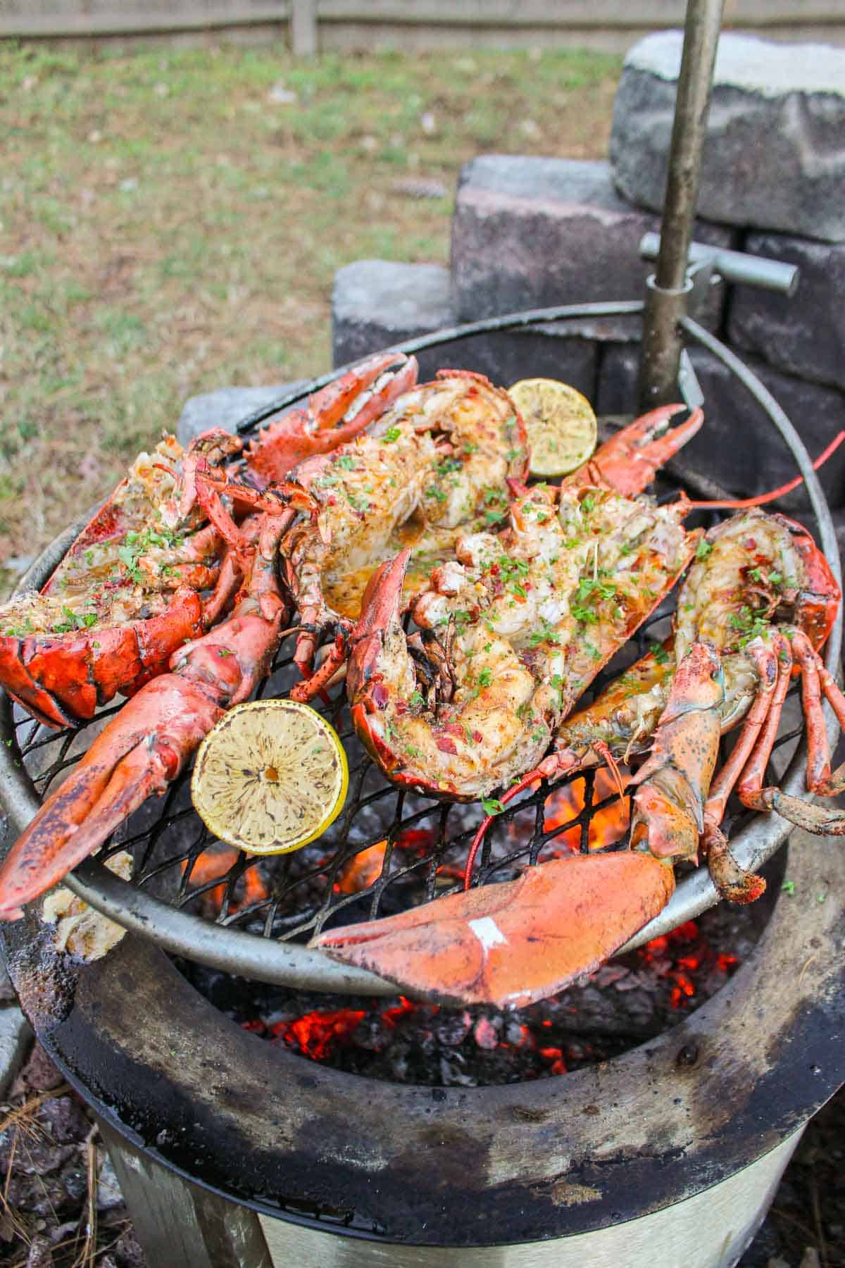 A shot of the lobsters being grilled over the flames.