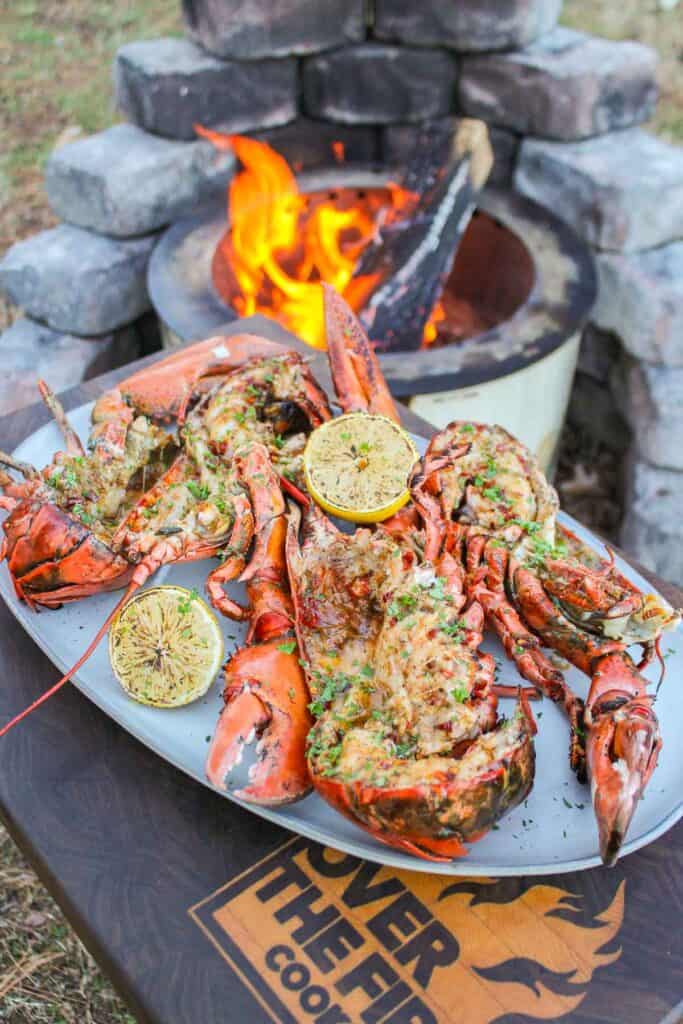 Grilled Lobster with Hot Honey Butter placed together on a serving platter.