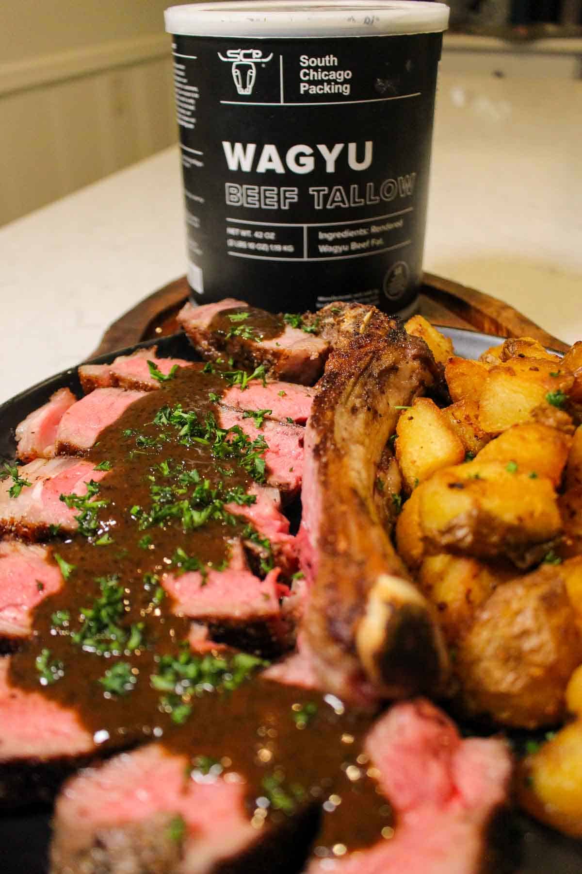 Wagyu Beef Tallow is the secret ingredient to this delicious Pan Seared Steak with Crispy Potatoes recipe.