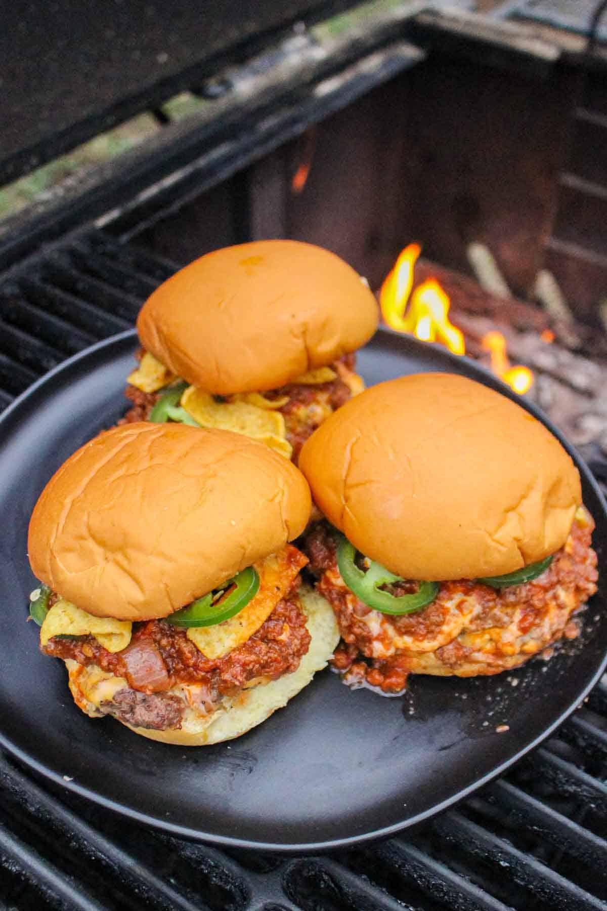 Chili Cheese Smash Burgers plated and ready to eat.