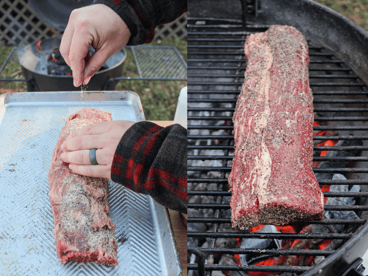 Seasoning the beef tenderloin and placing it on the smoker.