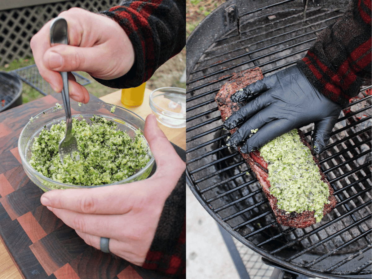 Adding the parmesan herb crust to the beef tenderloin.