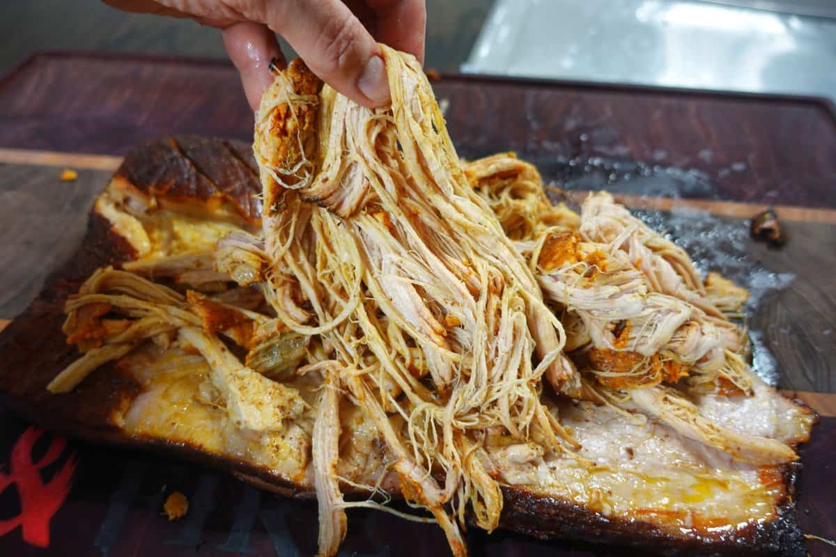 A close up shot of the pulled pork belly.