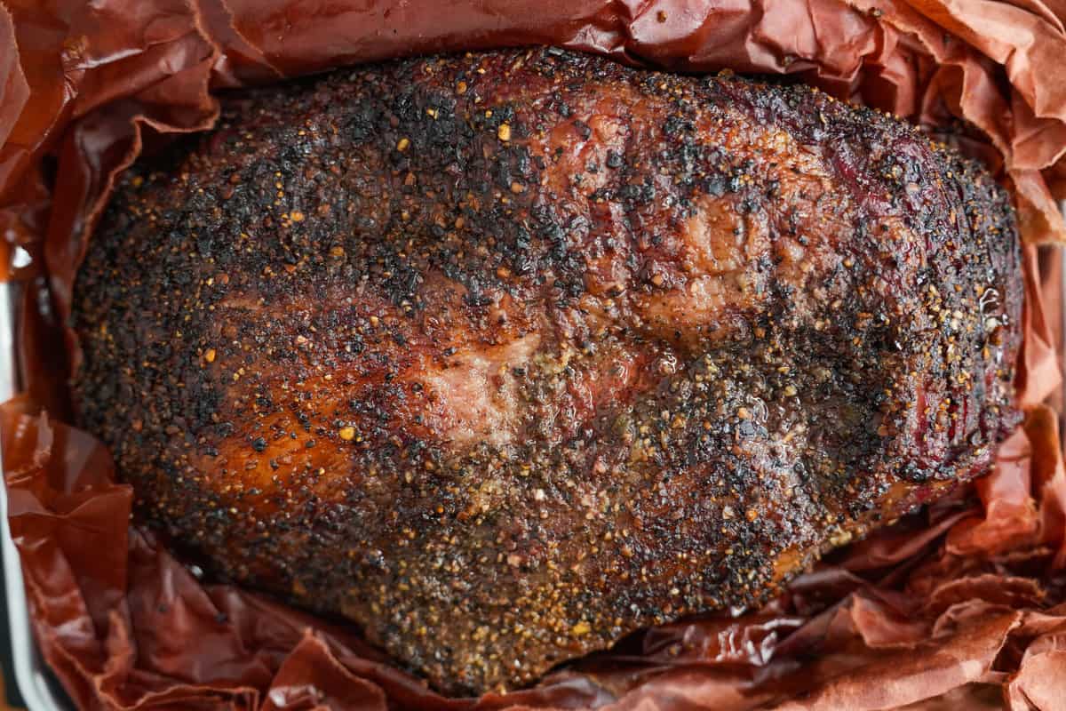 The cooked brisket ready to be cut.