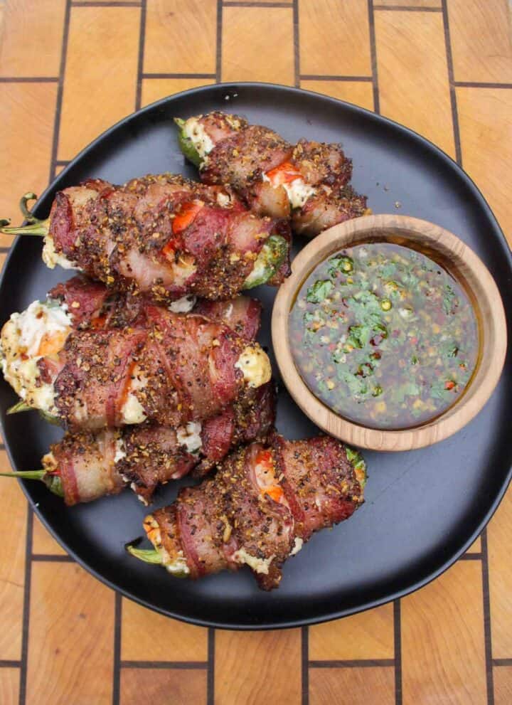 Surf and Turf Jalapeño Poppers with Cilantro Chimichurri plated and served
