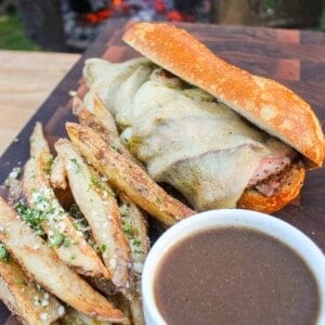 Grilled French Dip plated and served.