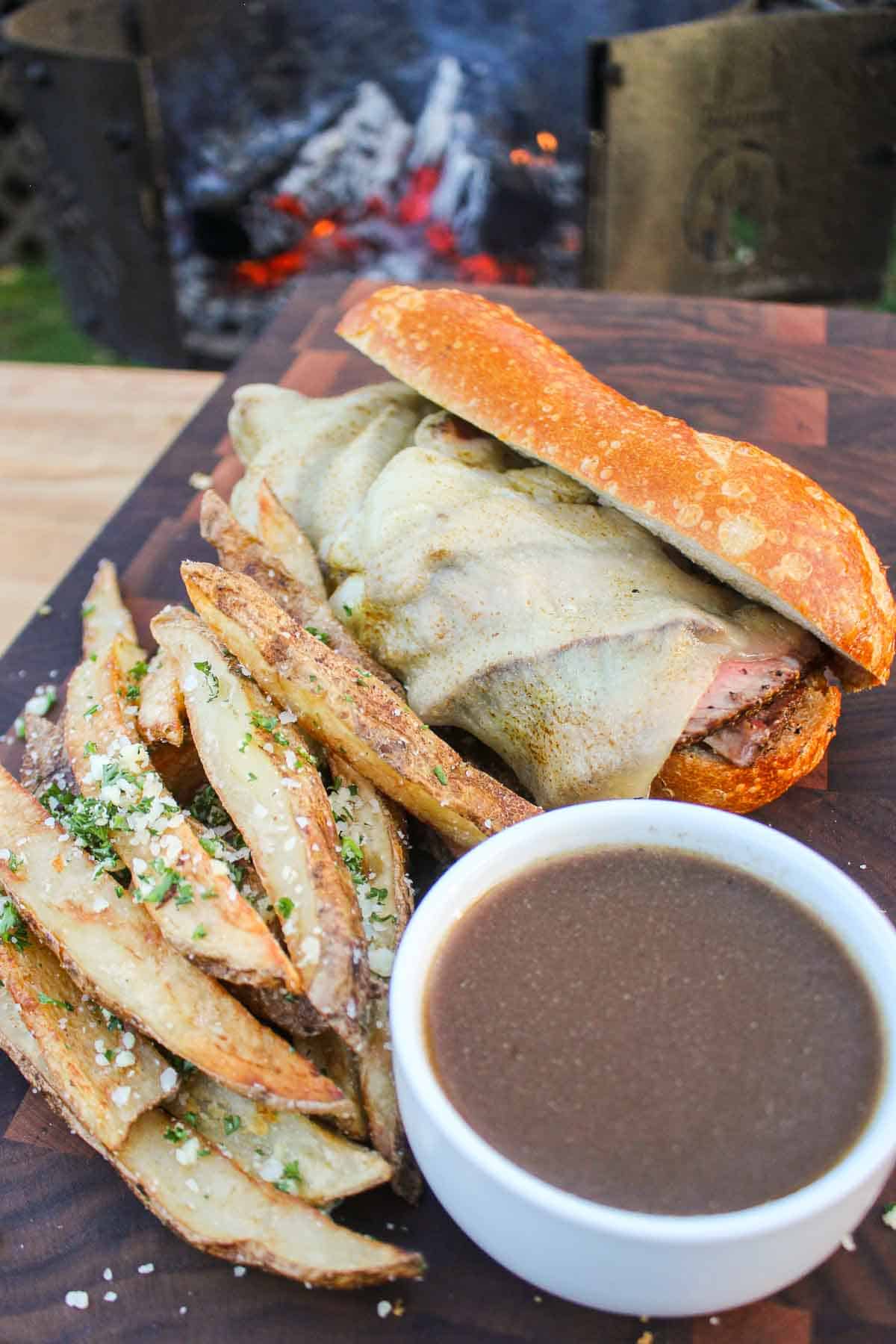 Grilled French Dip plated and served.