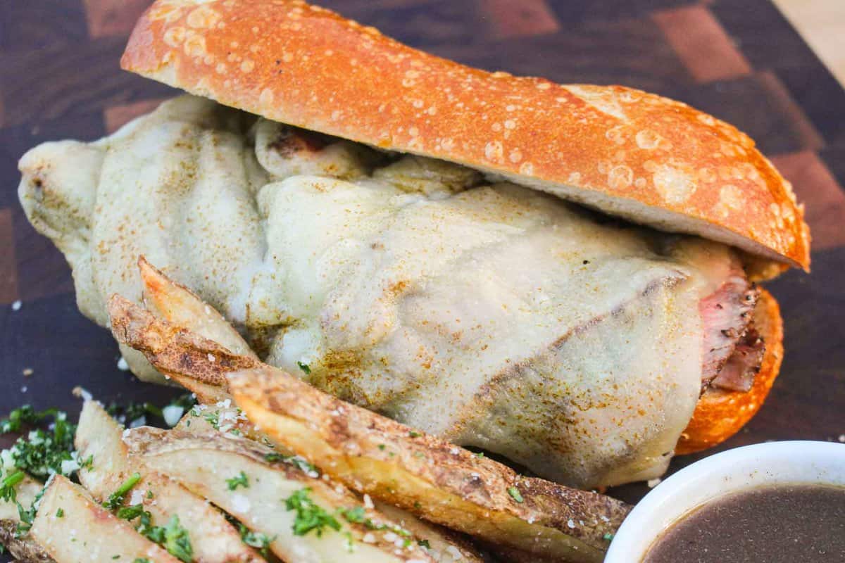 A close up shot of the grilled French dip