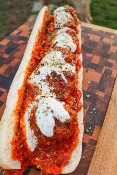 Smoked Meatball Sub assembled and ready to serve.