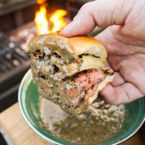 Steak Au Poivre Sliders assembled and ready to devour.