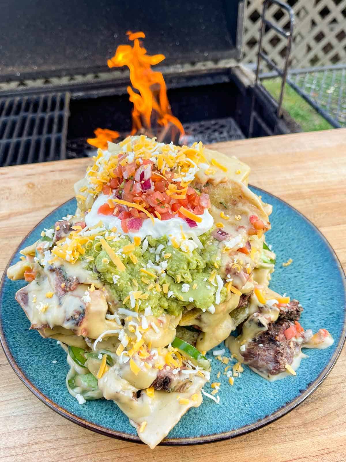 The Grilled Trash Can Nachos assembled and served. 