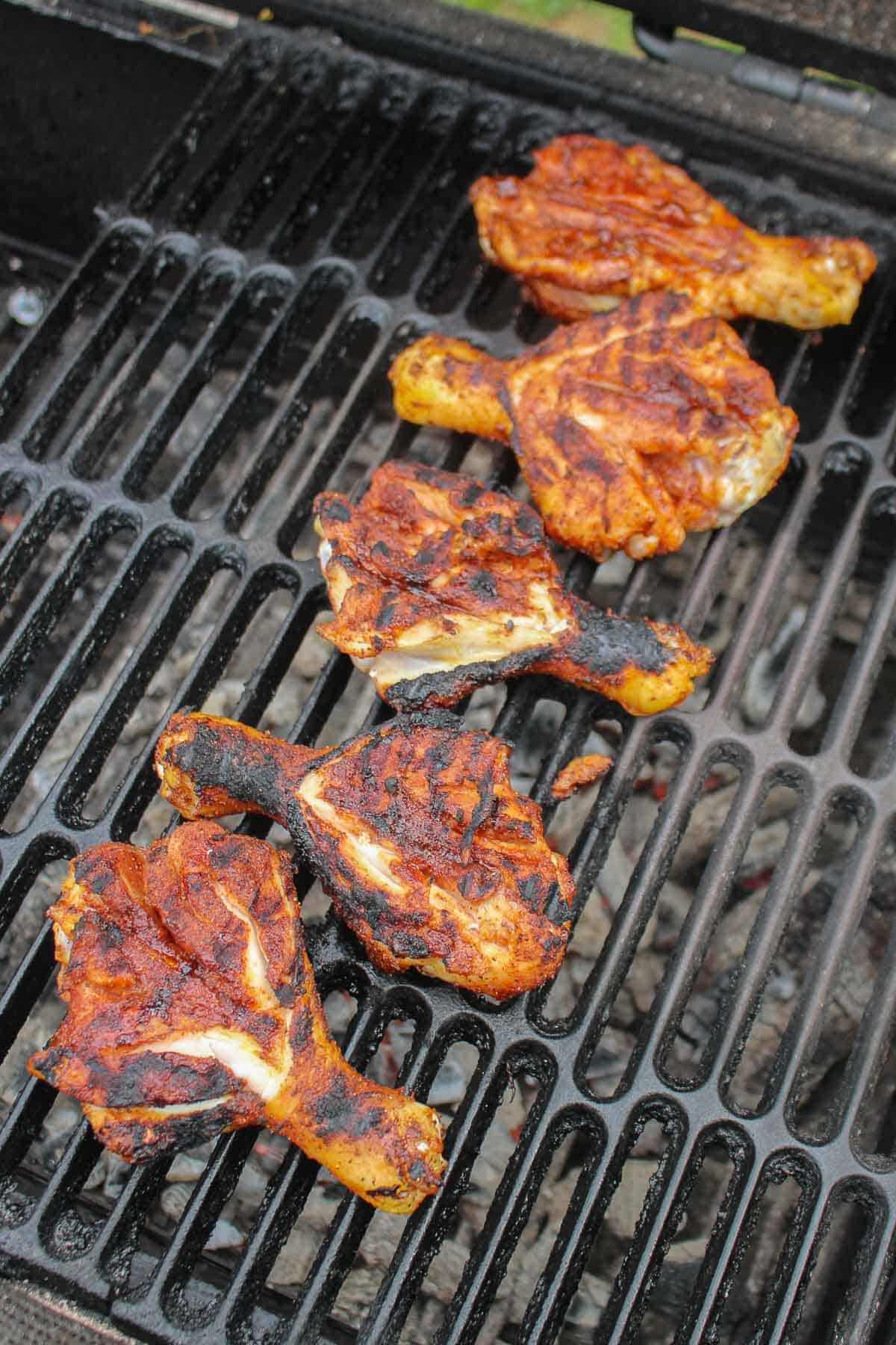 An overhead shot of the flipped chicken so you can see the crispy, charred bits of the skin.