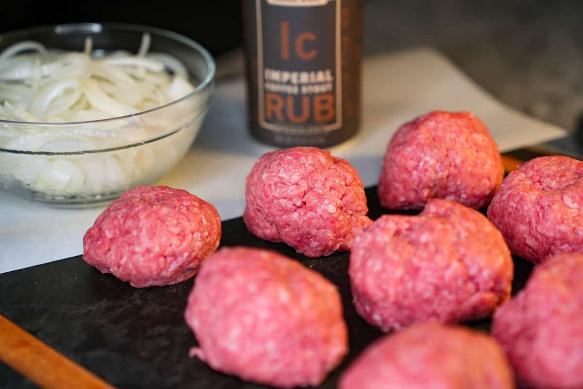 The beef balls formed for our Poutine Burgers.