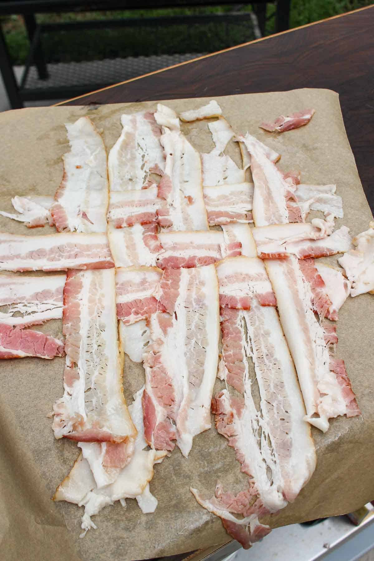 Assembling the bacon weave so we can build the patty inside of it.