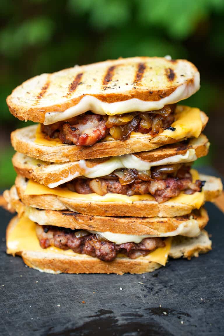 The bacon melt, stacked and ready to serve.