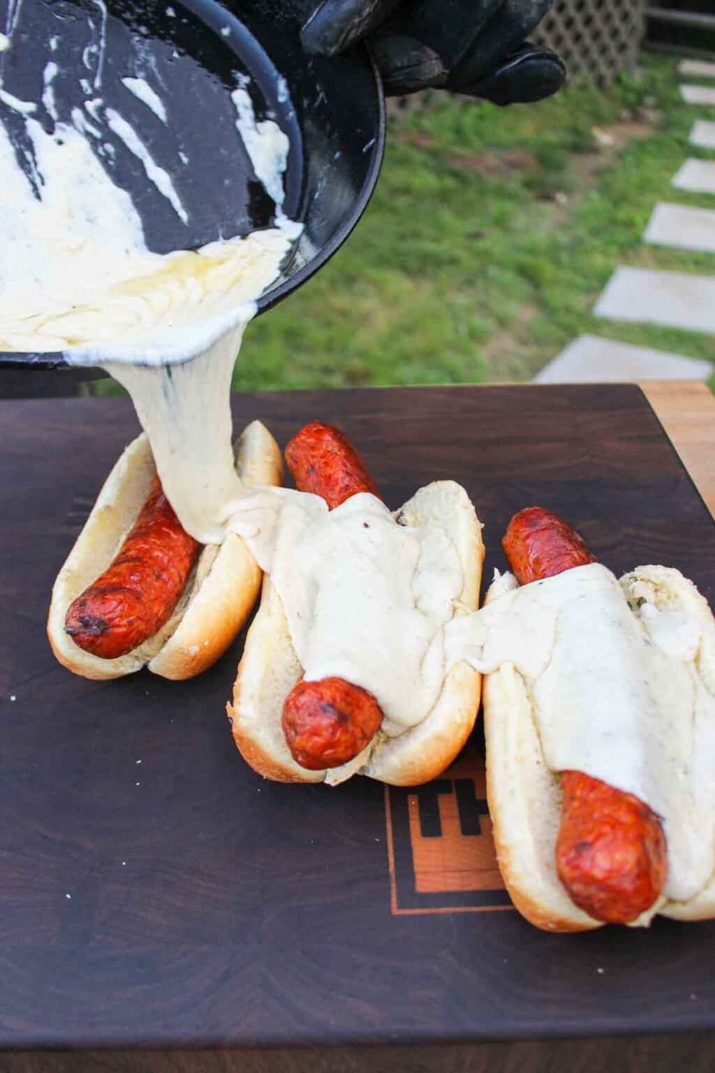 Chorizo Hot Dogs with Baconnaise - Over The Fire Cooking