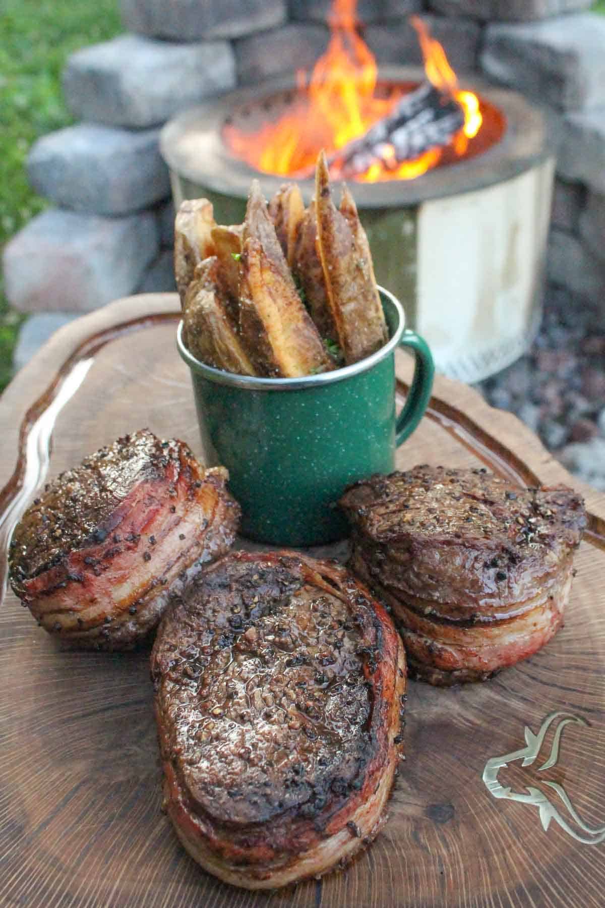 Bacon Wrapped Filets with Bacon Fat Fries - Over The Fire Cooking