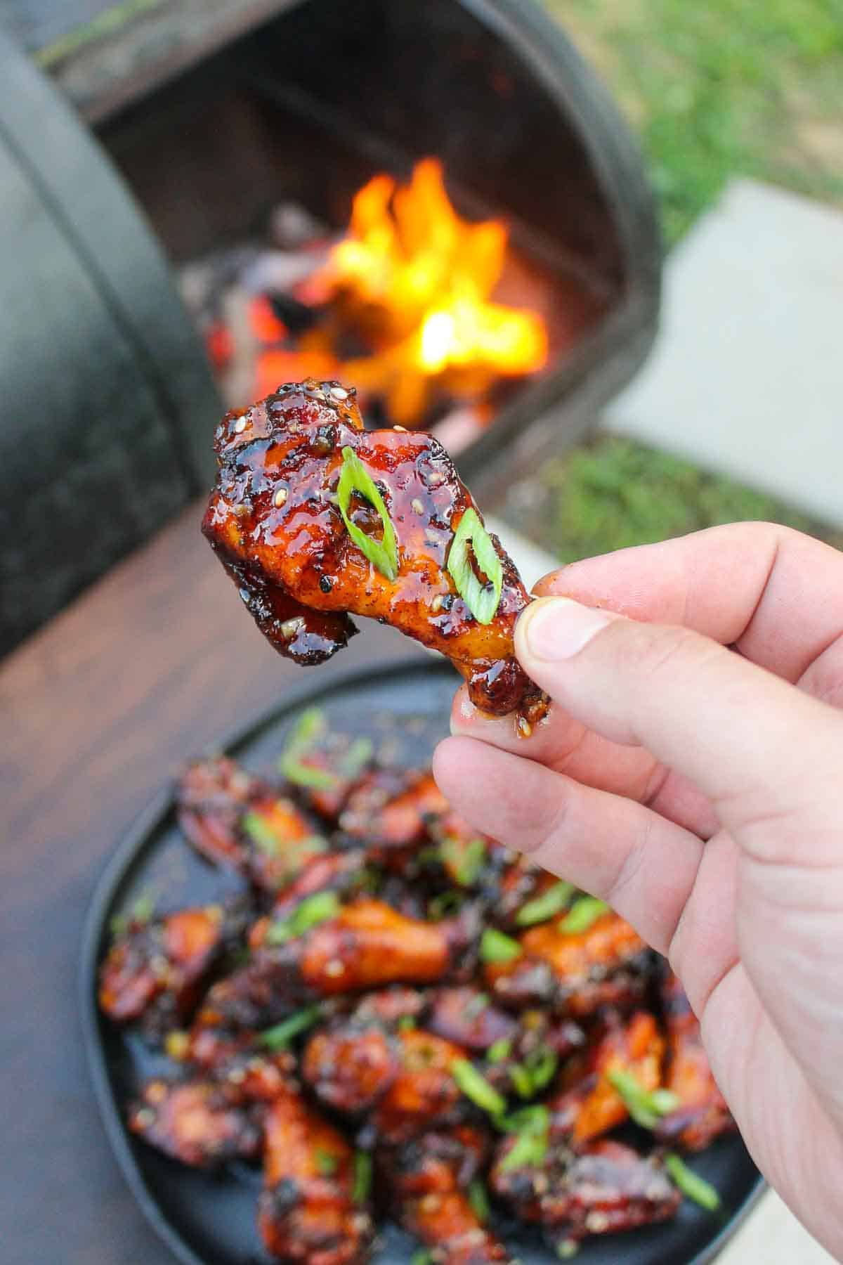 Holding a single hot honey garlic wing up to the camera.