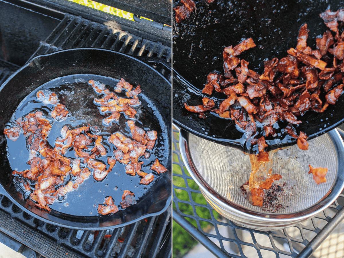 Frying up the bacon and then straining it to separate the bacon fat.